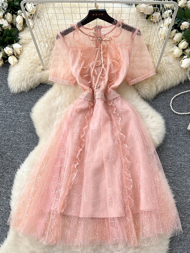 glitter maxi dress with sleeves Elegant Blush Pink Sequin Evening Gown with Cape Sleeves - Glitter Maxi Dress main image 1