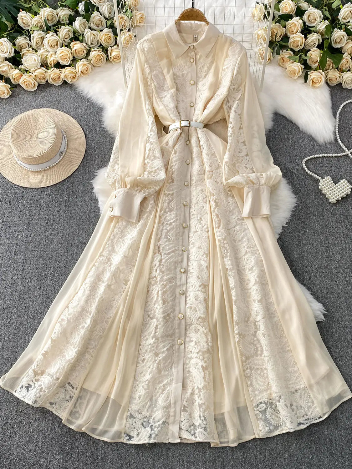 Ivory Lace Long Sleeve Maxi Dress Belted on Luulla