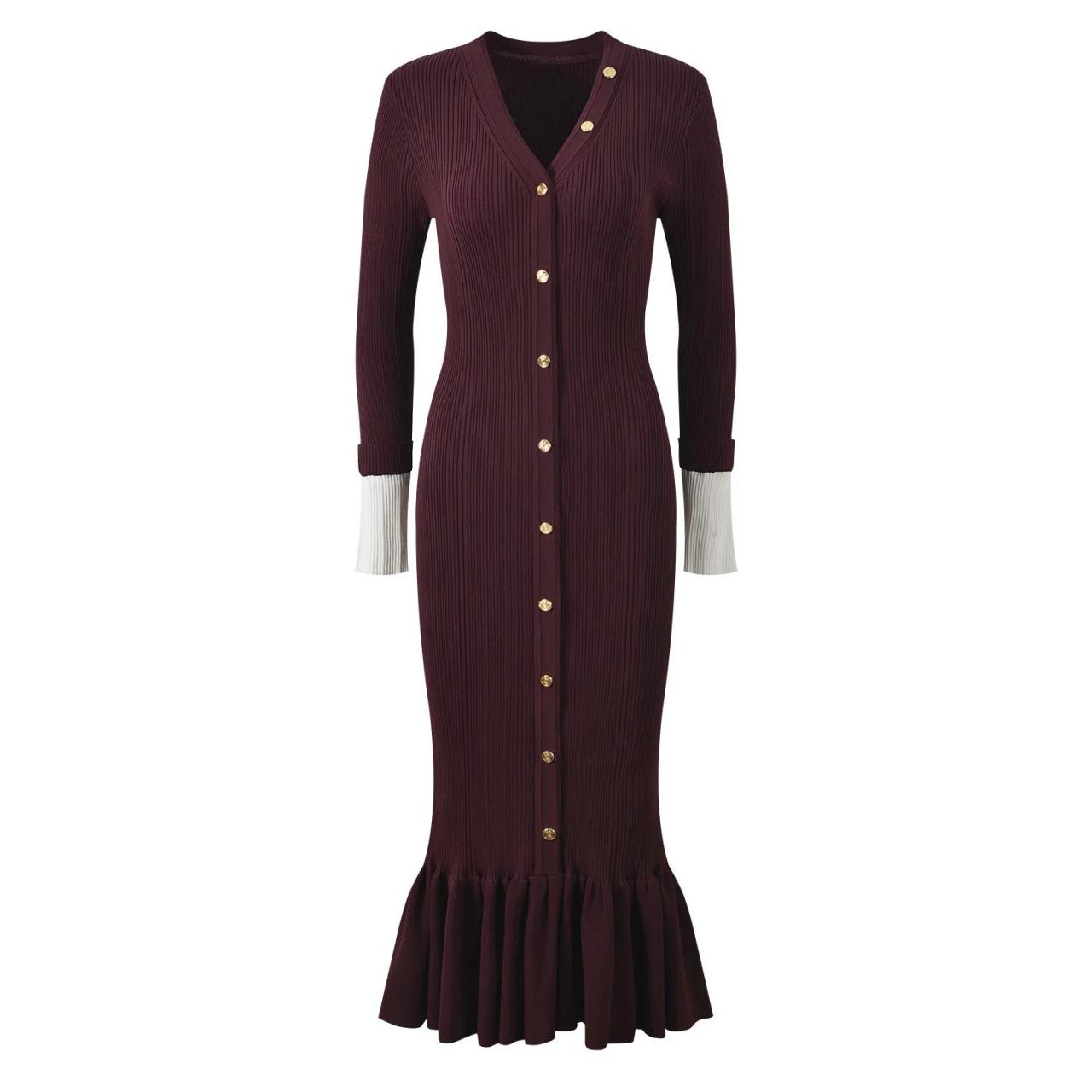 Burgundy Ribbed Button-front Flared Hem Dress