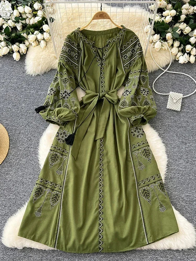 Olive Green Embroidered Bohemian Maxi Dress Long