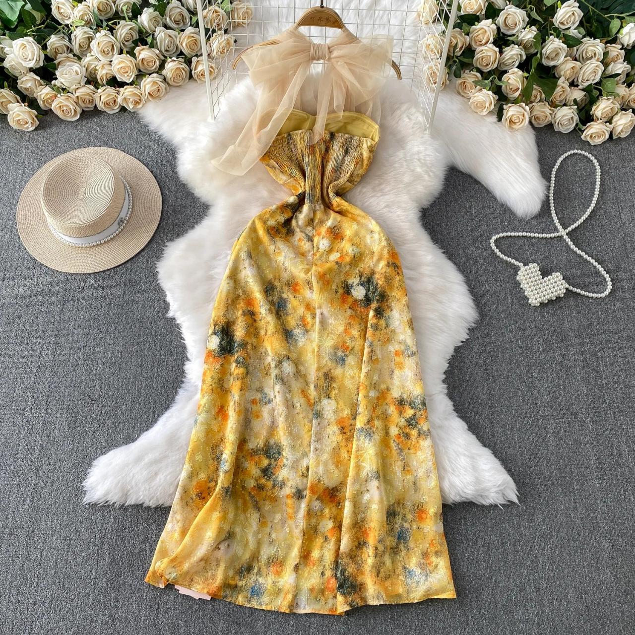 yellow floral backless dress Riviera Floral Backless Halter Dress Lemon Drop / L (US 6) / No