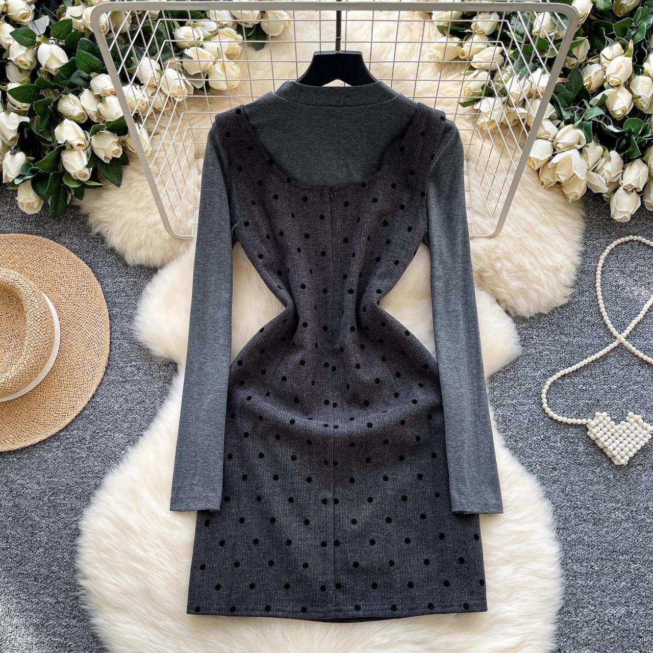Grey Polka Dot Long Sleeve Knit Dress