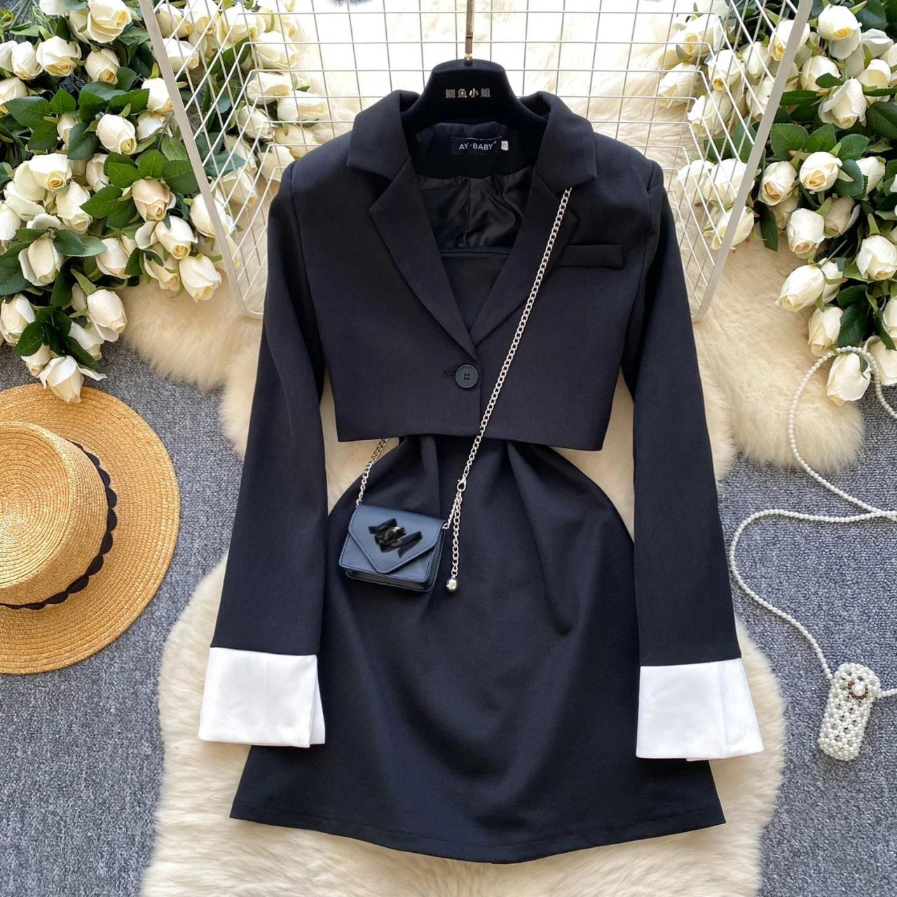 Black Blazer Dress With White Cuff Details