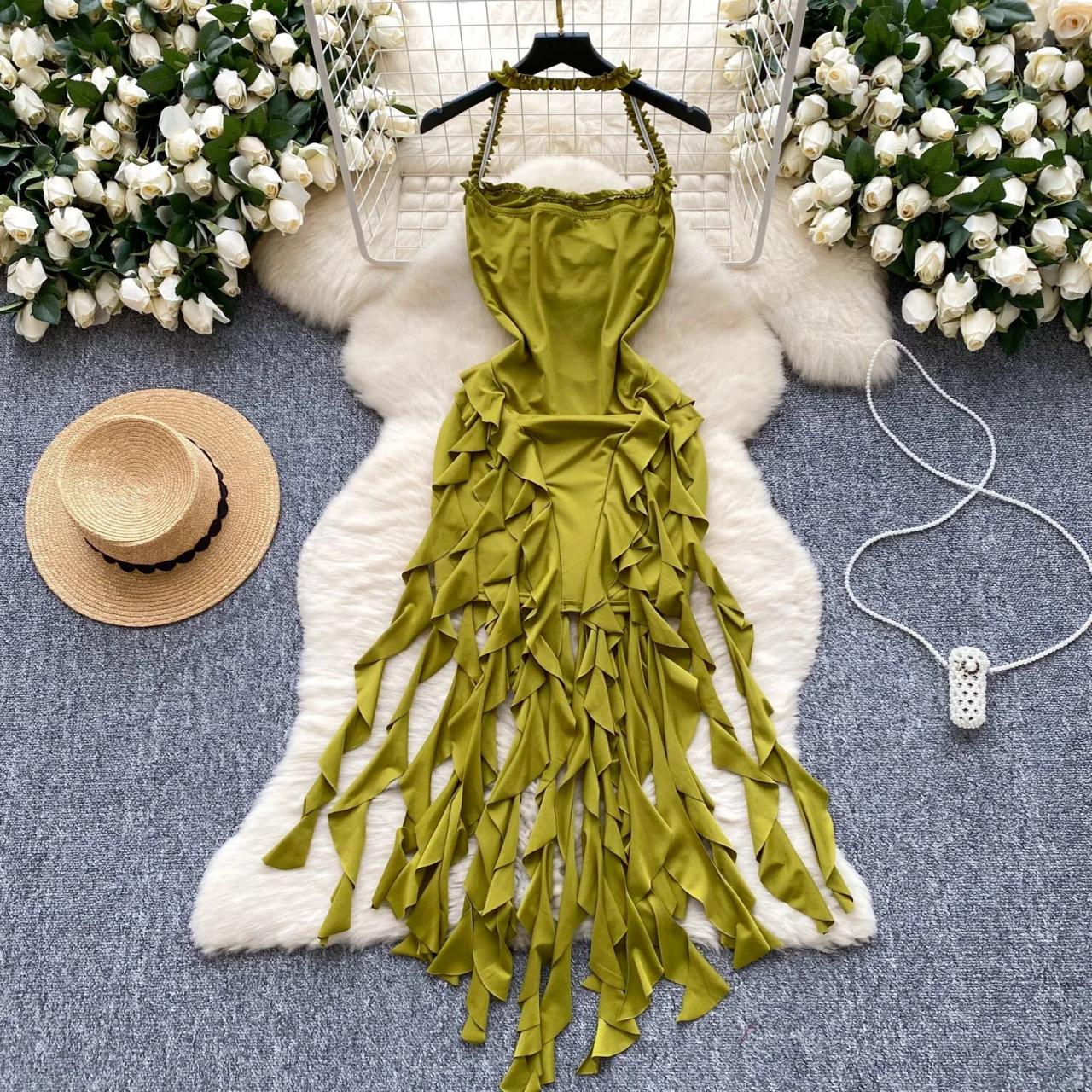 olive green fringe dress Olive Green Fringe Halter Maxi Dress Green / 4