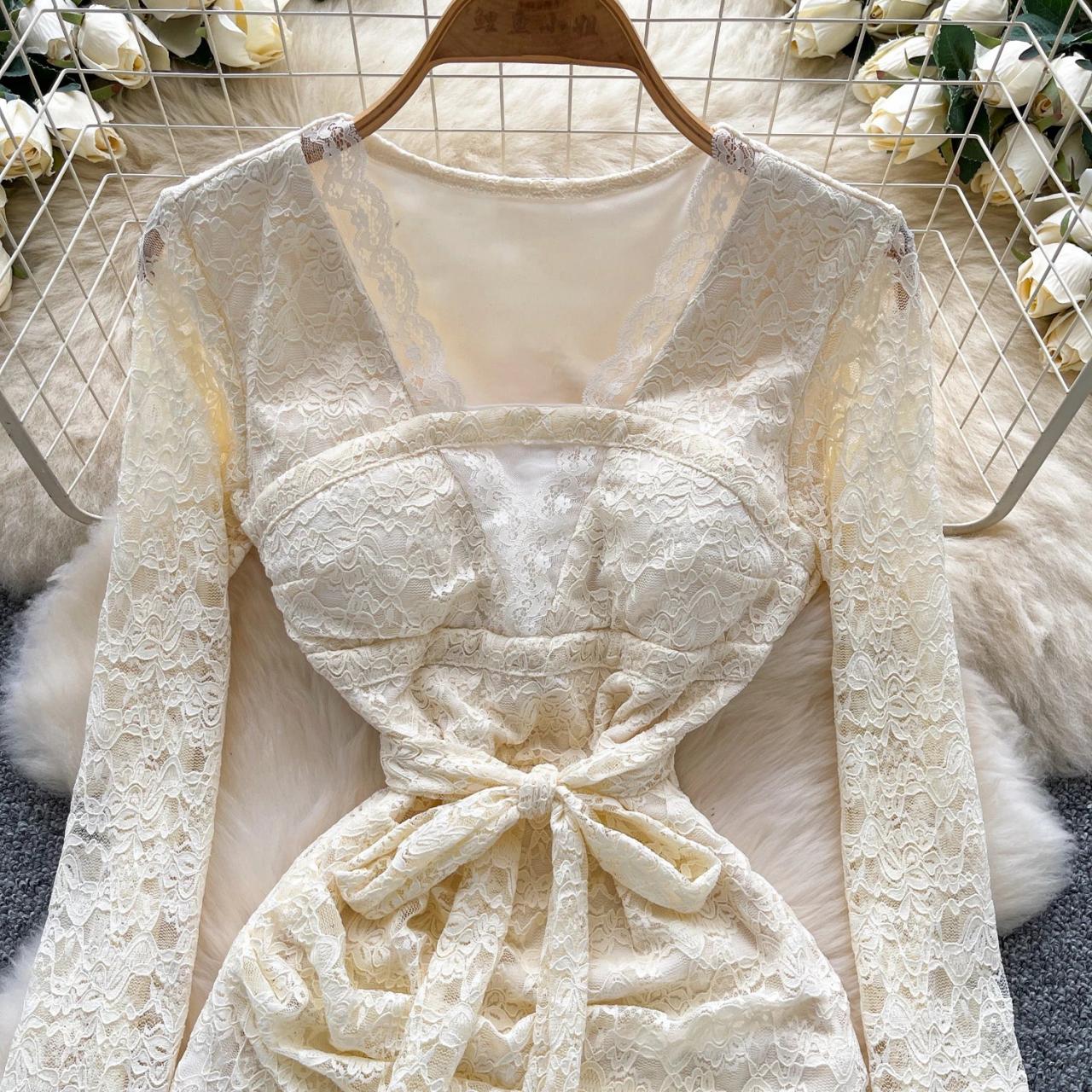 chinese dress ladies Long-Sleeve Ruffled Lace Mini Dress in Ivory - XL main image 0
