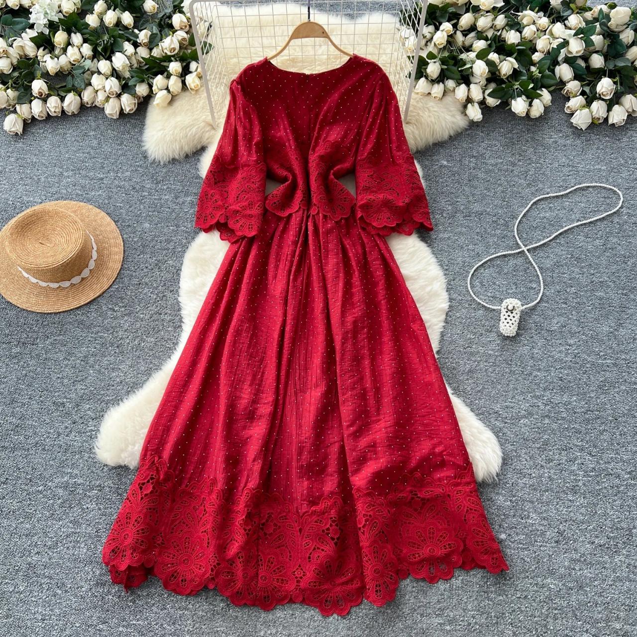red lace bell sleeve dress DreamDress By PMN Bella Sheath Red Wedding Dress Gown Tall Collar Beaded Lace Red Floral Embellishment Sweep Train | Size: Medium