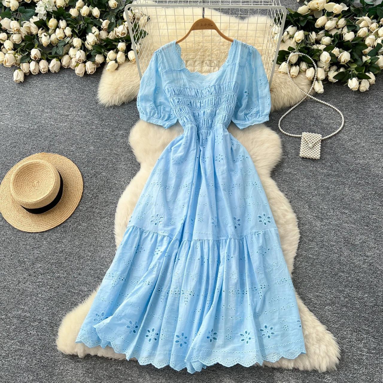 chinese dress ladies Women's The Space Between Blue Stripe Embroidered Eyelet Maxi Dress | Size: L