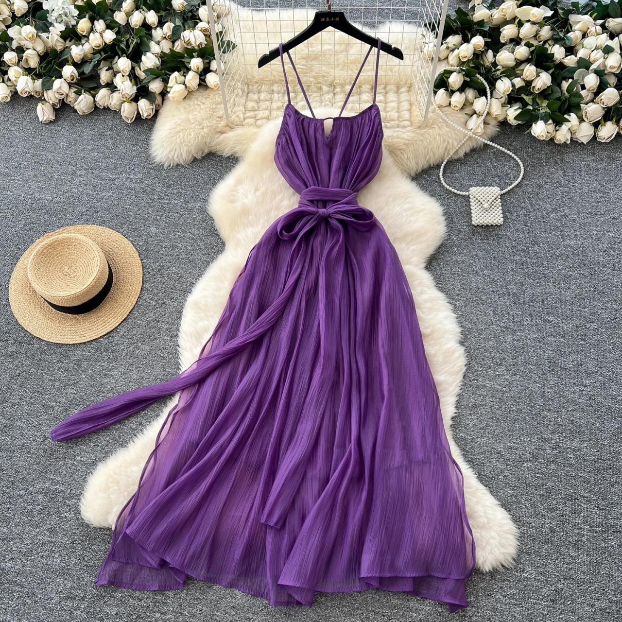 white christmas dresses Halter neck chiffon purple dress