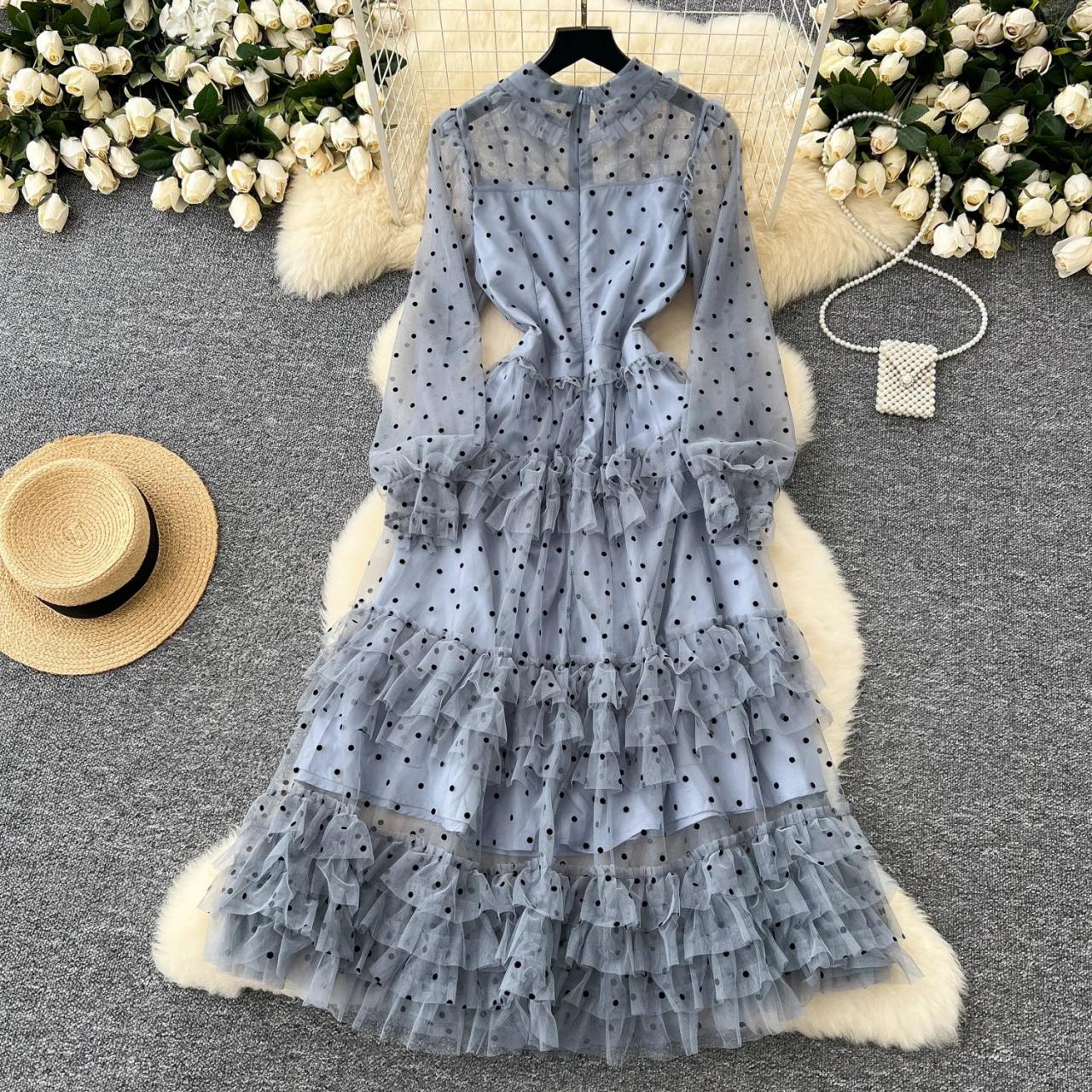 blue polka dot ruffle dress Long Sleeve size down for a stylecode:D1639 WSZJLN Y2k Women's Bodycon Size:16L
