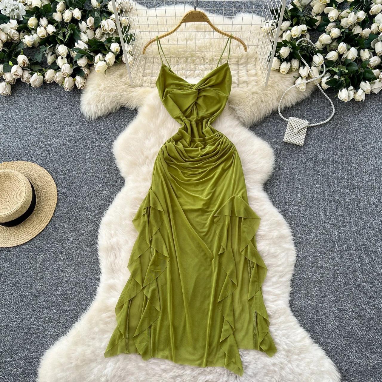 Olive Green Ruched Maxi Dress With Ruffles