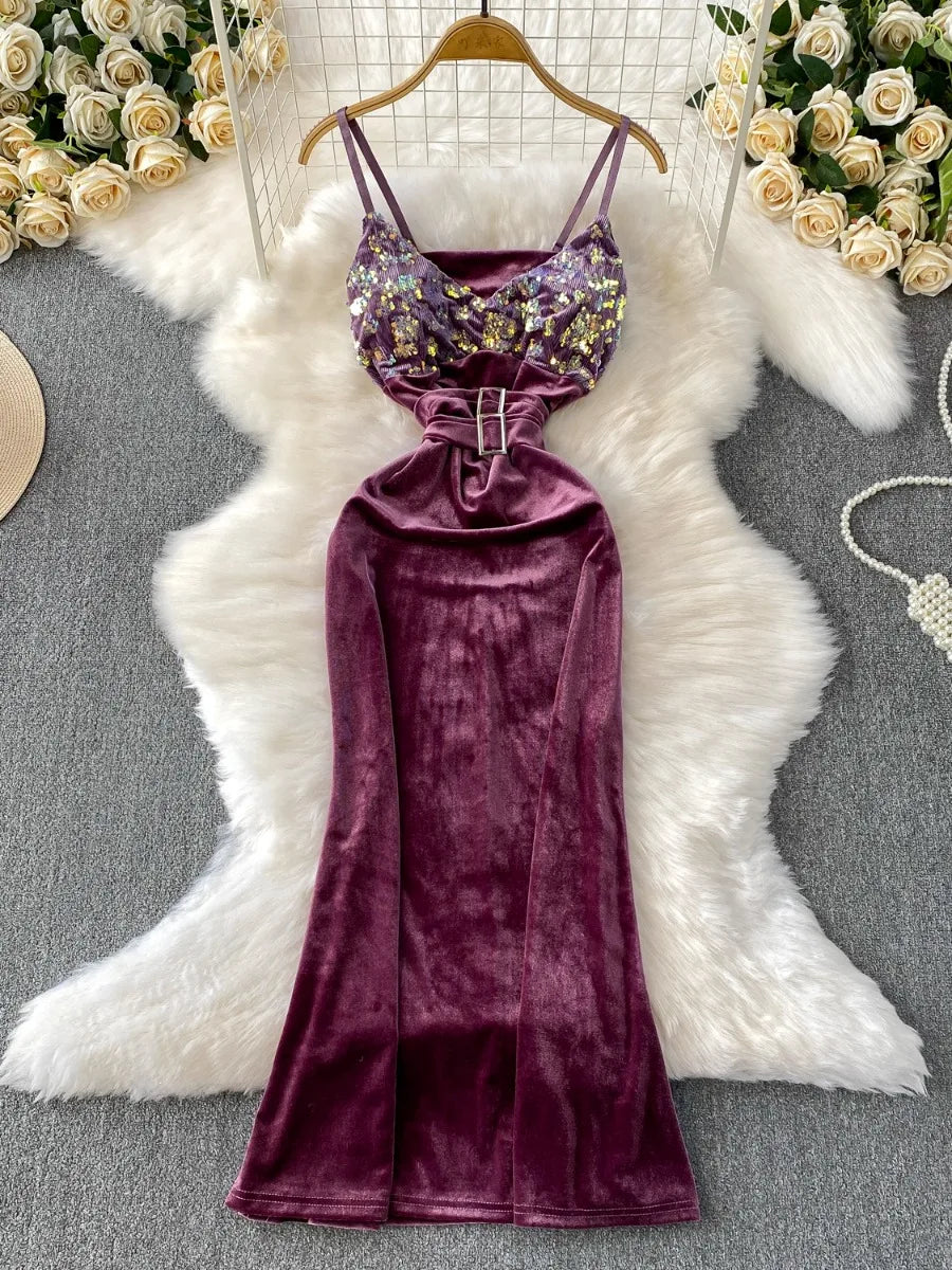 Purple Velvet Dress With Sequin Floral Design