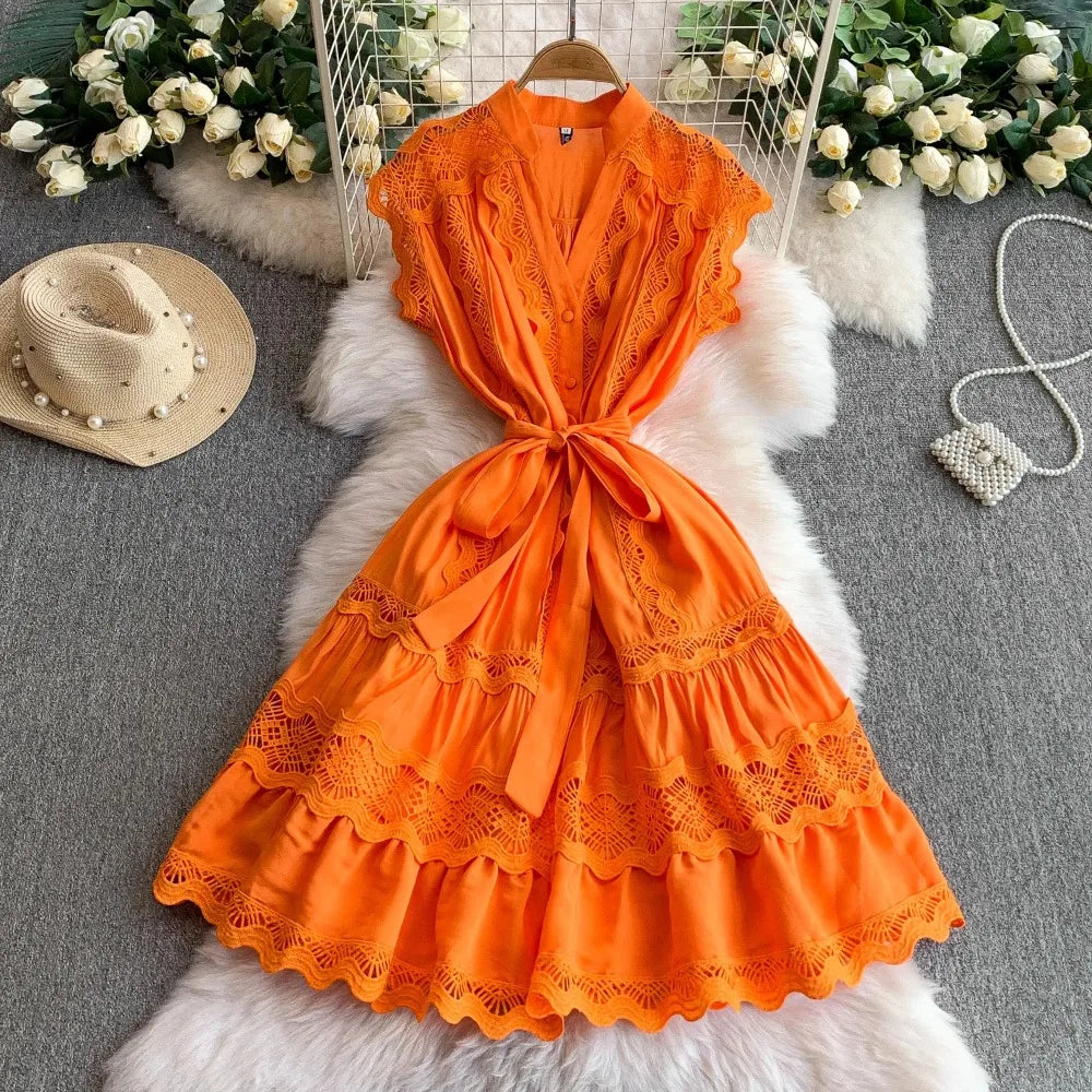 Vibrant Orange Lace Trim Ruffled Midi Dress on Luulla