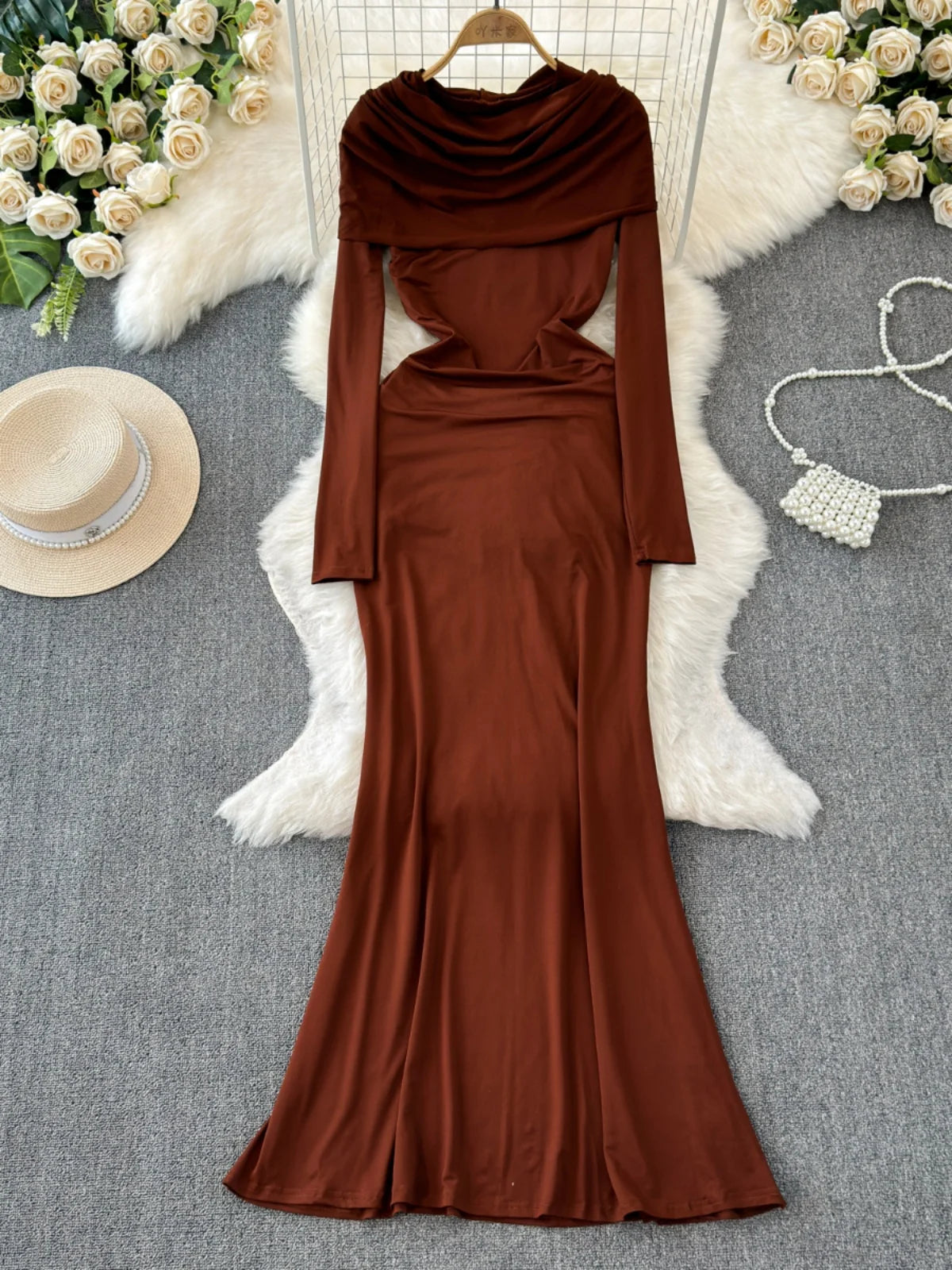 brown satin long sleeve maxi dress Long-sleeve Cutout Size:16 x 36 Machine wash on a Girls Party Dresses Valentina Chiffon Halter Maxi