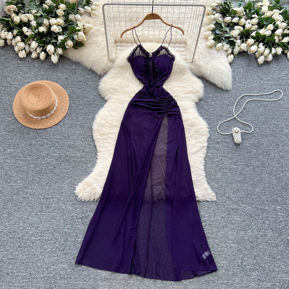 dark purple spaghetti strap dress Spaghetti-Straps Purple Prom Dress V-Neck PD0485