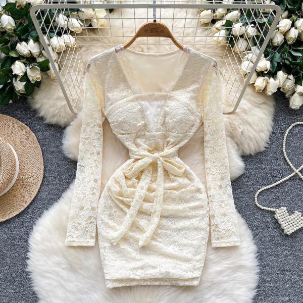 Ivory Lace Long Sleeve Bodycon Mini Dress